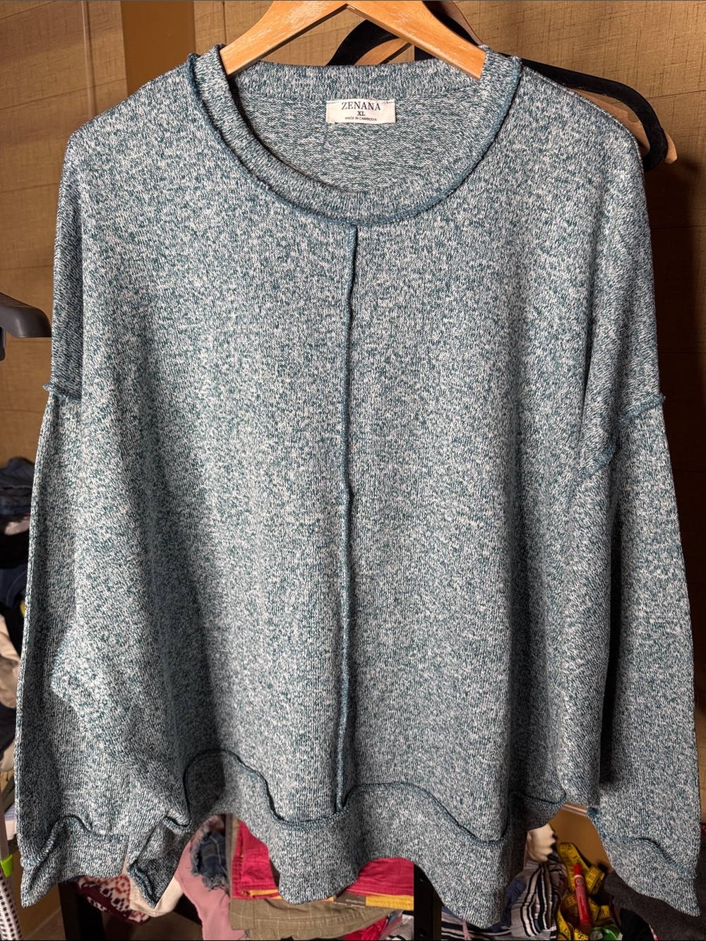 Zenana Blue Marl Oversized Exposed Seam Hi-Low Sweater Size XL - Picture 2 of 6